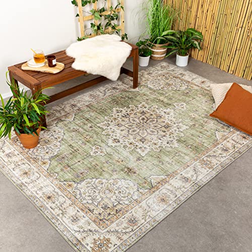 FRAAI | Home & Living Vintage Gartenteppich - Santo Medaillon Grün 80x150cm - Wetterfest - Synthetik, Polyester - Flachgewebe - Balkon, Garten - Terrasse - Carpet von FRAAI | Home & Living