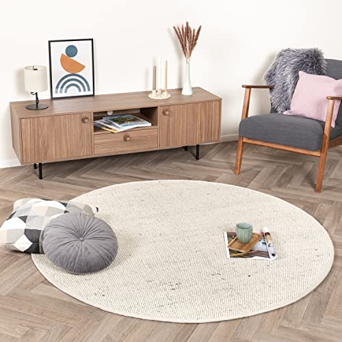 FRAAI | Home & Living Wollteppich Rund - Dala Creme Meliert Ø 180cm - Wolle - Flachgewebe - Meliert, Einfarbig - Industrielle, Ländlich, Modern, Skandinavisch - Wohnzimmer, Esszimmer, Schlafzimmer - von FRAAI | Home & Living