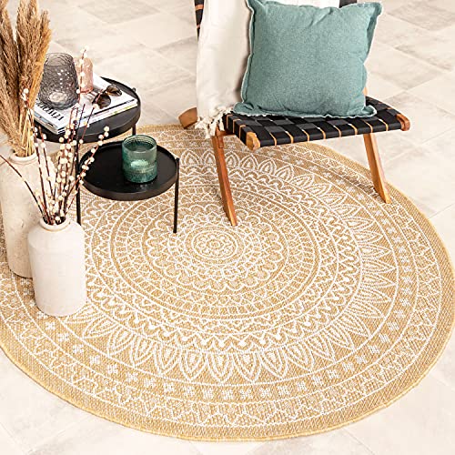 FRAAI | Home & Living In- & Outdoor Teppich Rund - Summer Azteca Gelb Ø 100cm - Wetterfest - Synthetik, Polypropylen - Flachgewebe - Balkon, Garten - Terrasse - Carpet von FRAAI | Home & Living