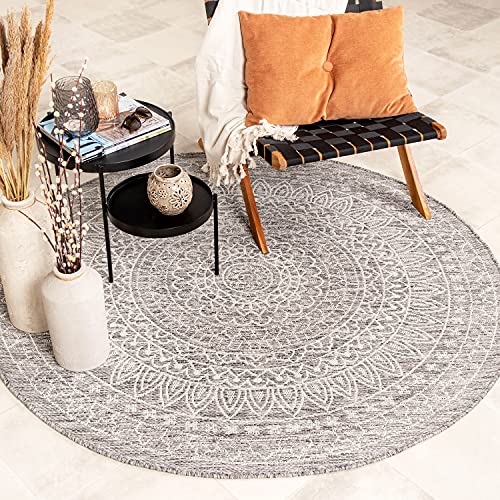 FRAAI | Home & Living In- & Outdoor Teppich Rund - Summer Azteca Hellgrau Ø 120cm - Wetterfest - Synthetik, Polypropylen - Flachgewebe - Balkon, Garten - Terrasse - Carpet von FRAAI | Home & Living