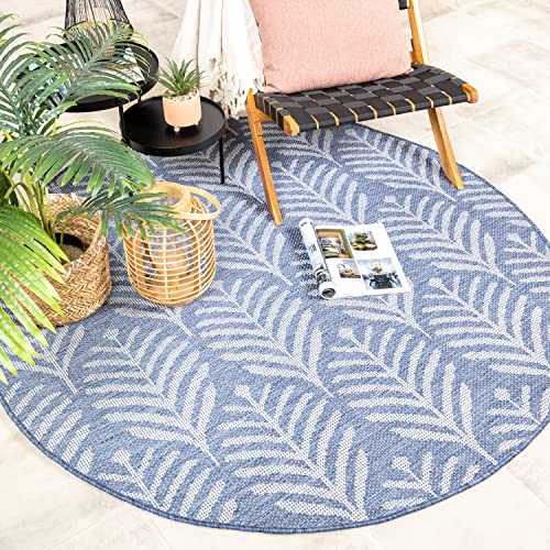 FRAAI | Home & Living In- & Outdoor Teppich Rund - Summer Leaves Blau Ø 120cm - Wetterfest - Synthetik, Polypropylen - Flachgewebe - Wohnzimmer, Balkon, Garten, Flur - Terrasse - Carpet von FRAAI | Home & Living