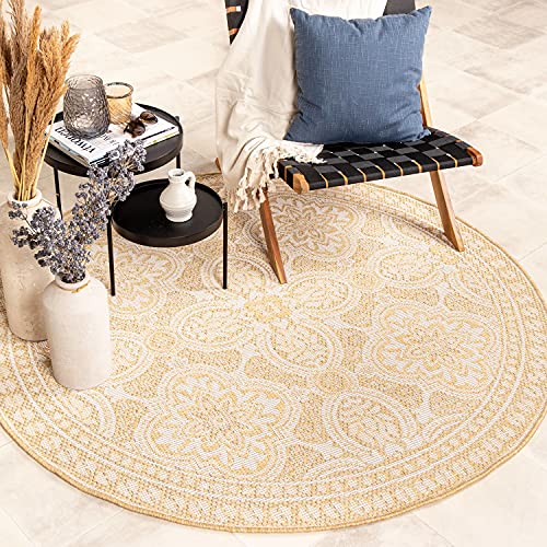 FRAAI | Home & Living In- & Outdoor Teppich Rund - Summer Oriental Gelb Ø 100cm - Wetterfest - Synthetik, Polypropylen - Flachgewebe - Balkon, Garten - Terrasse - Carpet von FRAAI | Home & Living