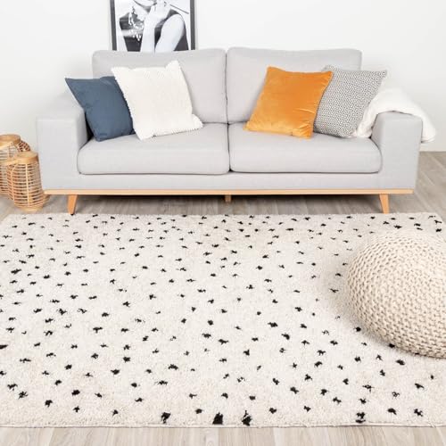 FRAAI Teppich Hochflor - Grand Dots Creme Schwarz 120x170cm - Punkte - Modern, Skandinavisch - Wohnzimmer, Esszimmer, Schlafzimmer - Fellteppich - Carpet von FRAAI | Home & Living