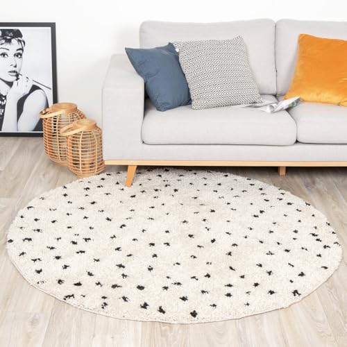 FRAAI | Home & Living Teppich Hochflor Rund - Grand Dots Creme Schwarz - Ø 180cm - Punkte - Modern, Skandinavisch - Wohnzimmer, Esszimmer, Schlafzimmer - Carpet von FRAAI | Home & Living