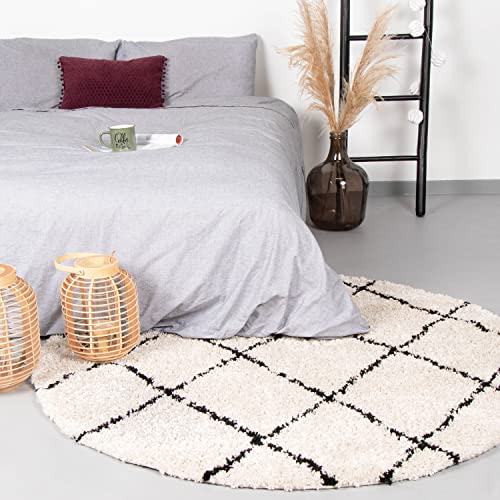 FRAAI | Home & Living Teppich Hochflor Rund - Grand Lines Creme Schwarz Ø 120cm - Symmetrische, Kariert, Gestreift, Shaggy - Industrielle, Modern, Skandinavisch - Wohnzimmer, Esszimmer, Schlafzimmer - von FRAAI | Home & Living