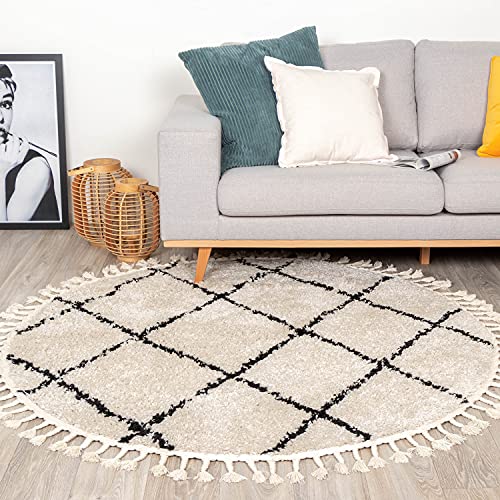 FRAAI | Home & Living Teppich Hochflor Rund - Grand Lines Weave Creme Schwarz Ø 100cm - Symmetrische, Kariert, Gestreift - Industrielle, Modern, Skandinavisch - Wohnzimmer, Esszimmer, Schlafzimmer - von FRAAI | Home & Living