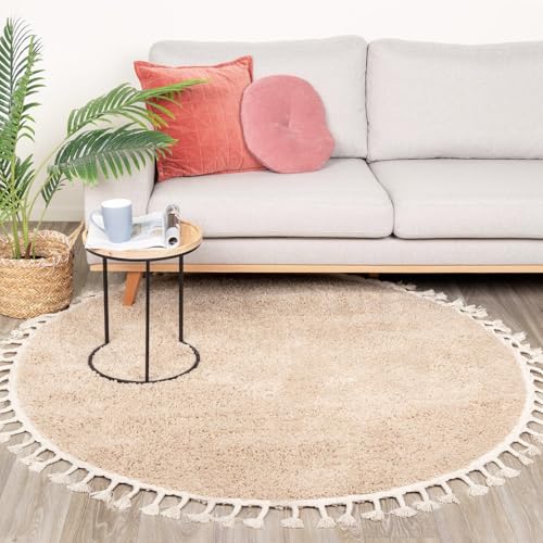 FRAAI | Home & Living Teppich Hochflor Rund - Lofty Fringe Beige Ø 200cm - Einfarbig - Ländlich, Modern, Skandinavisch - Wohnzimmer, Esszimmer, Schlafzimmer - Fellteppich - Carpet von FRAAI | Home & Living