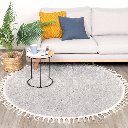 FRAAI | Home & Living Teppich Hochflor Rund - Lofty Fringe Hellgrau Ø 100cm - Einfarbig - Ländlich, Modern, Skandinavisch - Wohnzimmer, Esszimmer, Schlafzimmer - Fellteppich - Carpet von FRAAI | Home & Living