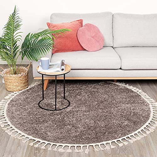 FRAAI | Home & Living Teppich Hochflor Rund - Lofty Fringe Taupe Ø 100cm - Einfarbig - Ländlich, Modern, Skandinavisch - Wohnzimmer, Esszimmer, Schlafzimmer - Fellteppich - Carpet von FRAAI | Home & Living