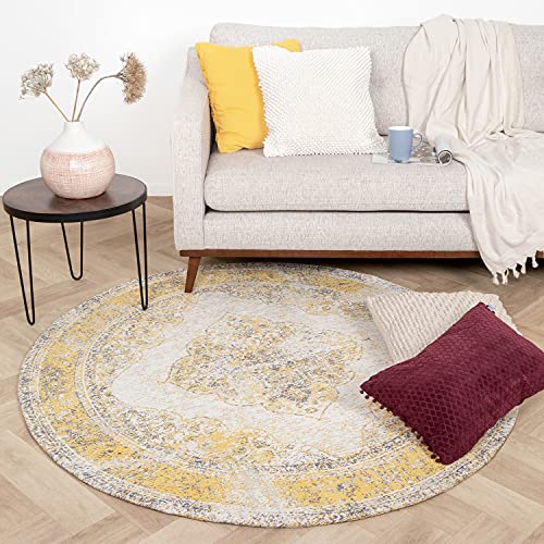 FRAAI | Home & Living Teppich Vintage Rund - Admire Gelb Ø 100cm - Baumwolle - Flachgewebe - Vintage - Klassik, Ländlich, Orientalisch - Wohnzimmer, Esszimmer, Schlafzimmer - Carpet von FRAAI | Home & Living