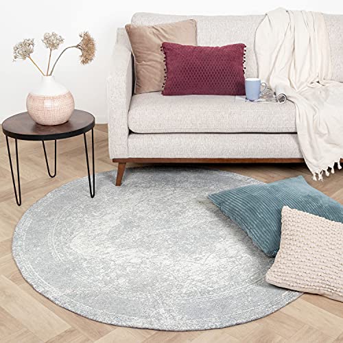 FRAAI | Home & Living Teppich Vintage Rund - Admire Hellgrau Ø 160cm - Baumwolle - Flachgewebe - Vintage - Klassik, Ländlich, Orientalisch - Wohnzimmer, Esszimmer, Schlafzimmer - Carpet von FRAAI | Home & Living