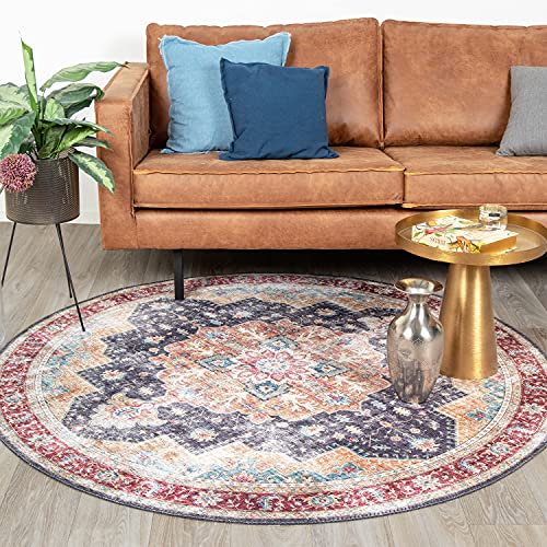 FRAAI | Home & Living Teppich Vintage Rund - Azara Blau Rot Ø 120cm - Baumwolle, Polyester - Flachgewebe - Vintage - Klassik, Orientalisch - Wohnzimmer, Esszimmer, Schlafzimmer - Carpet von FRAAI | Home & Living