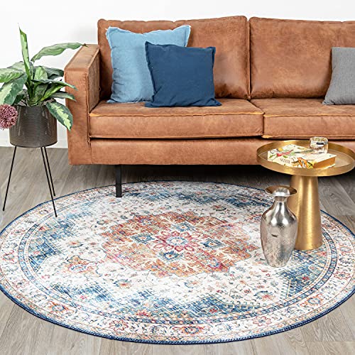 FRAAI | Home & Living Teppich Vintage Rund - Azara Hellblau Ø 120cm - Baumwolle, Polyester - Flachgewebe - Vintage - Klassik, Orientalisch - Wohnzimmer, Esszimmer, Schlafzimmer - Carpet von FRAAI | Home & Living