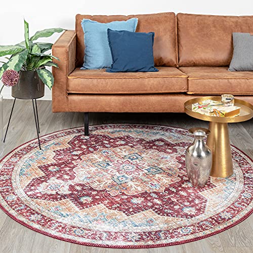 FRAAI | Home & Living Teppich Vintage Rund - Azara Rot Ø 120cm - Baumwolle, Polyester - Flachgewebe - Vintage - Klassik, Orientalisch - Wohnzimmer, Esszimmer, Schlafzimmer - Carpet von FRAAI | Home & Living