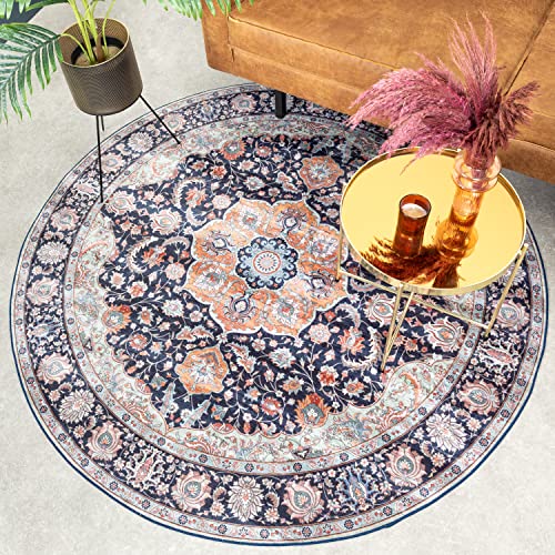 FRAAI | Home & Living Teppich Vintage Rund - Imagine Medaillon Blau Ø 240cm - Baumwolle, Synthetik, Polyester - Flachgewebe - Vintage, Symmetrische - Orientalisch - Wohnzimmer, Esszimmer, Schlafzimmer von FRAAI | Home & Living