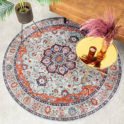 FRAAI | Home & Living Teppich Vintage Rund - Imagine Medaillon Grün Ø 200cm - Baumwolle, Synthetik, Polyester - Flachgewebe - Vintage, Symmetrische - Klassik, Orientalisch - Wohnzimmer, Esszimmer, von FRAAI | Home & Living