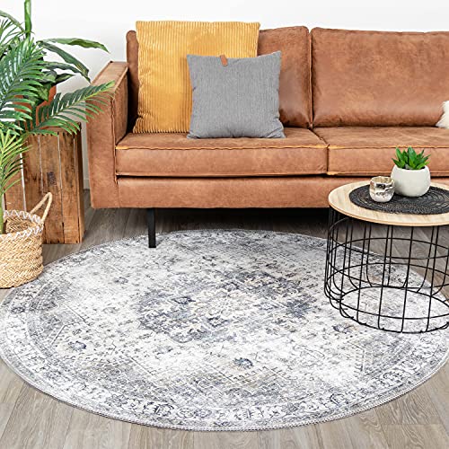 FRAAI | Home & Living Teppich Vintage Rund - Lago Grau Ø 120cm - Baumwolle, Polyester - Flachgewebe - Vintage - Klassik, Orientalisch - Wohnzimmer, Esszimmer, Schlafzimmer - Carpet von FRAAI | Home & Living