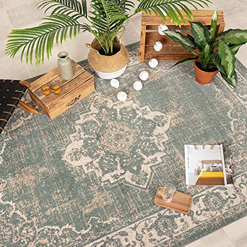 FRAAI | Home & Living Teppich Vintage - Spring Medaillon Grün Creme 80x150cm - Synthetik, Polypropylen - Kurzflor - Vintage - Boho, Klassik, Ländlich, Orientalisch - Wohnzimmer, Esszimmer, von FRAAI | Home & Living