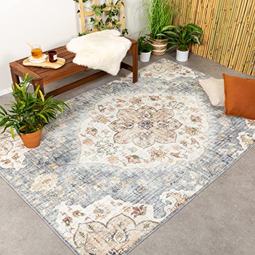 FRAAI | Home & Living Vintage Gartenteppich - Santo Mandala Blau Grau 80x150cm - Wetterfest - Synthetik, Polyester - Flachgewebe - Balkon, Garten - Terrasse - Carpet von FRAAI | Home & Living