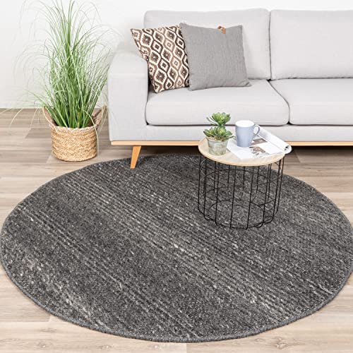 FRAAI | Home & Living Wollteppich Rund - Feline Anthrazit Meliert Ø 100cm - Wolle - Flachgewebe - Meliert, Einfarbig - Klassik, Ländlich, Modern, Skandinavisch - Wohnzimmer, Esszimmer, Schlafzimmer - von FRAAI | Home & Living