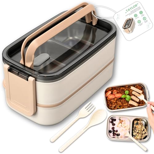 FRADABOX® Bento Lunchbox „Taylor“, 2 Etagen mit Fächern, Premium Edelstahl, BPA-freie Brotdose mit Besteck ideal für unterwegs, Meal Prep Bento Box für Erwachsene auslaufsicher und mikrowellengeeignet von FRADABOX