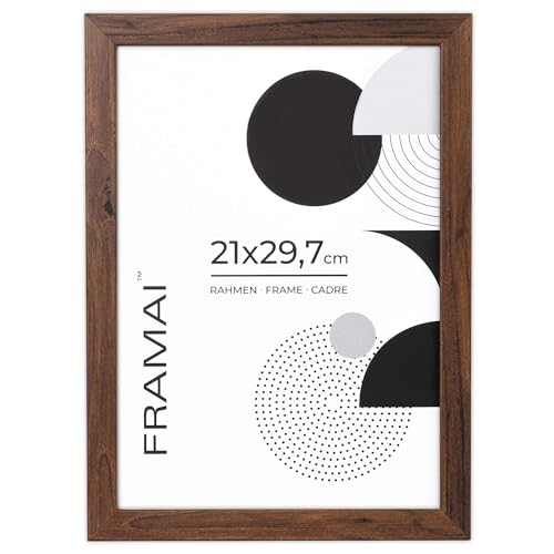 FRAMAI® Bilderrahmen 21x29,7 Braun MDF Umweltfreundlichem Rahmen mit Bruchsicheren Plexi, Aufhänger und Aufsteller von FRAMAI