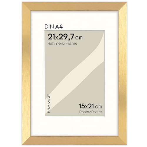 FRAMAI® Bilderrahmen 21x29,7 cm in Gold – mit Passepartout – MDF Holzrahmen, bruchsicheres Plexi, umweltfreundlich, mit Aufhängung & Ständer – Hochformat & Querformat von FRAMAI