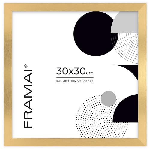FRAMAI® Bilderrahmen 30x30 Gold MDF Umweltfreundlichem Rahmen mit Bruchsicheren Plexi, Aufhänger und Aufsteller von FRAMAI