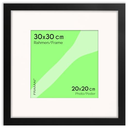 FRAMAI® Bilderrahmen 30x30 cm in Schwarz– mit Passepartout – MDF Holzrahmen, bruchsicheres Plexi, umweltfreundlich, mit Aufhängung & Ständer – Hochformat & Querformat von FRAMAI