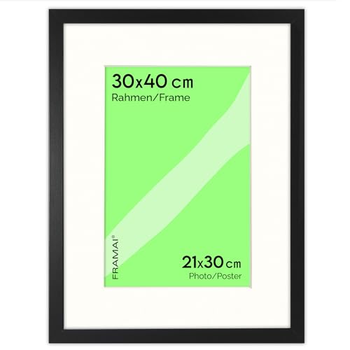 FRAMAI® Bilderrahmen 30x40 cm in Schwarz – mit Passepartout – MDF Holzrahmen, bruchsicheres Plexi, umweltfreundlich, mit Aufhängung & Ständer – Hochformat & Querformat von FRAMAI