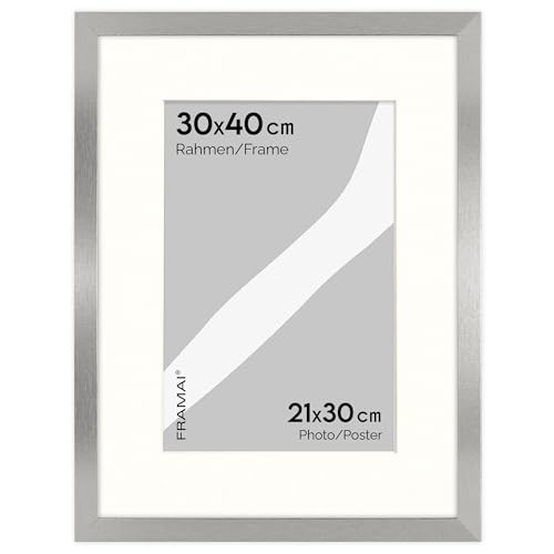 FRAMAI® Bilderrahmen 30x40 cm in Silber – mit Passepartout – MDF Holzrahmen, bruchsicheres Plexi, umweltfreundlich, mit Aufhängung & Ständer – Hochformat & Querformat von FRAMAI