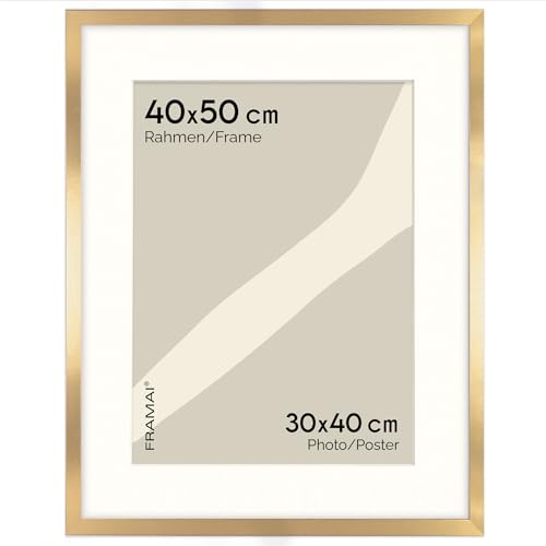 FRAMAI® Bilderrahmen 40x50 cm in Gold – mit Passepartout – MDF Holzrahmen, bruchsicheres Plexi, umweltfreundlich, mit Aufhängung & Ständer – Hochformat & Querformat von FRAMAI