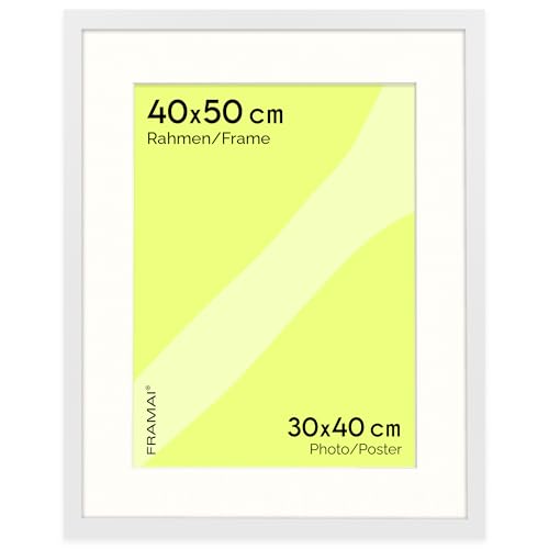 FRAMAI® Bilderrahmen 40x50 cm in Weiß – mit Passepartout 30x40 cm – MDF Holzrahmen, bruchsicheres Plexi, umweltfreundlich, mit Aufhängung & Ständer – Hochformat & Querformat von FRAMAI