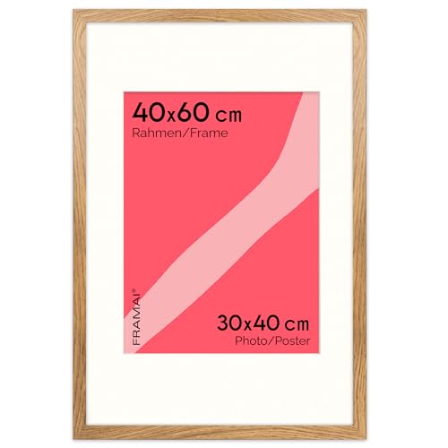 FRAMAI® Bilderrahmen 40x60 cm in Eichenfarbe – mit Passepartout – MDF Holzrahmen, bruchsicheres Plexi, umweltfreundlich, mit Aufhängung & Ständer – Hochformat & Querformat von FRAMAI