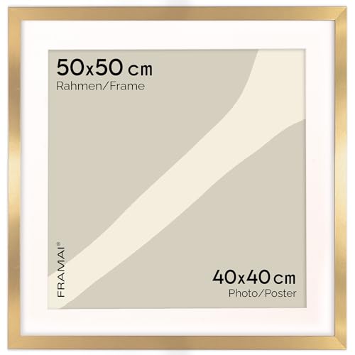 FRAMAI® Bilderrahmen 50x50 cm in Gold – mit Passepartout – MDF Holzrahmen, bruchsicheres Plexi, umweltfreundlich, mit Aufhängung & Ständer – Hochformat & Querformat von FRAMAI