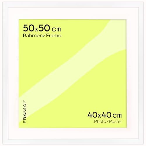 FRAMAI® Bilderrahmen 50x50 cm in Weiß – mit Passepartout – MDF Holzrahmen, bruchsicheres Plexi, umweltfreundlich, mit Aufhängung & Ständer – Hochformat & Querformat von FRAMAI