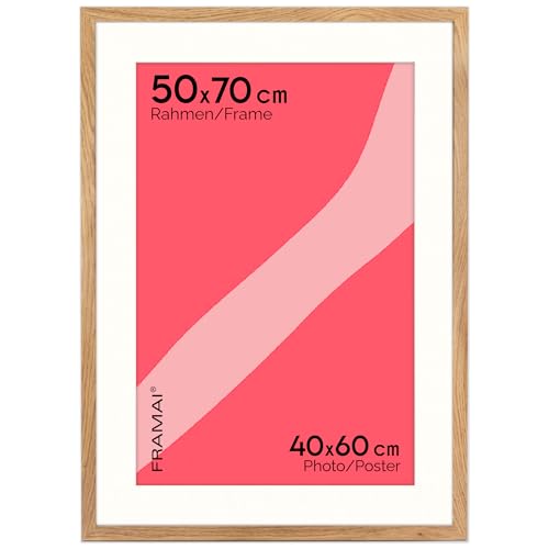 FRAMAI® Bilderrahmen 50x70 cm in Eichenfarbe – mit Passepartout – MDF Holzrahmen, bruchsicheres Plexi, umweltfreundlich, mit Aufhängung & Ständer – Hochformat & Querformat von FRAMAI