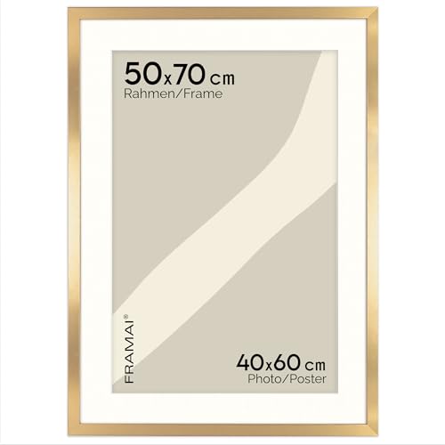 FRAMAI® Bilderrahmen 50x70 cm in Gold – mit Passepartout – MDF Holzrahmen, bruchsicheres Plexi, umweltfreundlich, mit Aufhängung & Ständer – Hochformat & Querformat von FRAMAI