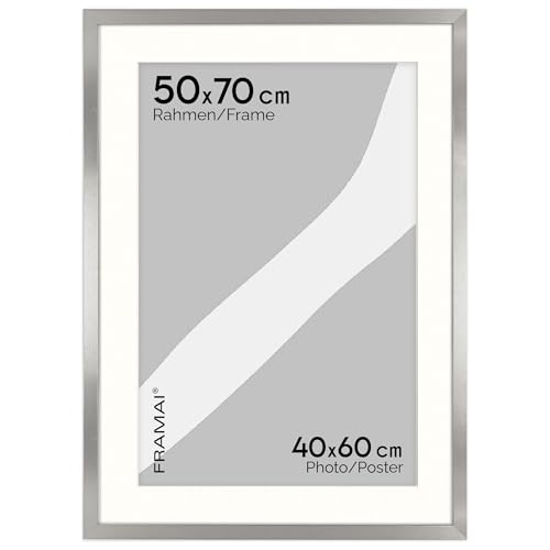 FRAMAI® Bilderrahmen 50x70 cm in Silber – mit Passepartout – MDF Holzrahmen, bruchsicheres Plexi, umweltfreundlich, mit Aufhängung & Ständer – Hochformat & Querformat von FRAMAI
