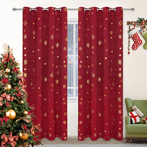 FRAMICS Gold Schneeflocke Foliendruck Weihnachtsvorhänge, Thermoisolierte Verdunkelungsvorhänge für Wohnzimmer und Schlafzimmer, Weihnachts-Ösen-Fenstervorhänge Vorhänge, Rot, 2er Set Paneele von FRAMICS