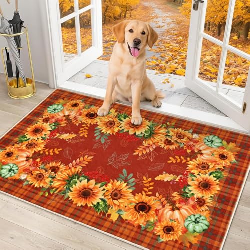 FRAMICS Herbst-Fußmatte, kariert, Eingang, Kürbis, Sonnenblume, waschbar, rutschfest, orange, Eingangsteppich, weiche Kunstwolle, niedriger Flor, Überwurf, Teppich für Eingangsbereich, Badezimmer FRAMICS Herbst-Fußmatte, kariert, Eingang, Kürbis, Sonnenblume, waschbar, rutschfest, orange, Eingangsteppich, weiche Kunstwolle, niedriger Flor, Überwurf, Teppich für Eingangsbereich, Badezimmer von FRAMICS