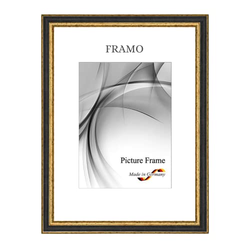 FRAMO N°107 Barock Bilderrahmen 20x25 aus Massivholz | Schwarz Gold | Retro Vintage Antik Holzrahmen inkl. bruchsicherer Anti-Reflex Kunstglasscheibe und Metall Aufhängern von FRAMO