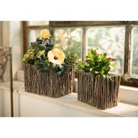 2x Pflanzer Rustikal aus Holz & Stroh, kleiner Blumenkasten für Balkon, Pflanzgefäß, Pflanzkasten für die Fensterbank, Gartendeko für Draußen von DEKOLEIDENSCHAFT