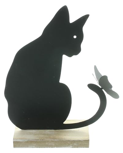 FRANK FLECHTWAREN Katze, Metallfigur, Dekofigur, Figur Katze mit Schmetterling, Mattschwarz, MDF Maße: Höhe 21 cm von FRANK FLECHTWAREN