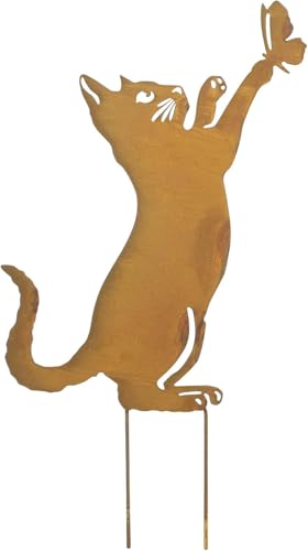 FRANK FLECHTWAREN Gartenstecker Katze mit Schmetterling, Metall, Rostfinish Maße: Höhe 48 cm von FRANK FLECHTWAREN