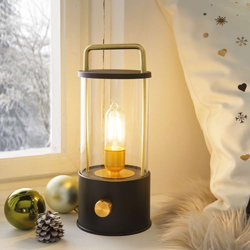 FRANK FLECHTWAREN LED-Lampe Modern, Metall, mattschwarz, Glas, warmweiße LED, stufenlos dimmbar, inkl. USB-C-Ladekabel, Kunststoff Maße: Ø 11 x 26 cm, nur für den Innenbereich geeignet von FRANK FLECHTWAREN