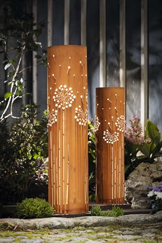 FRANK FLECHTWAREN LED-Solarsäule "Pusteblume", 2er Set, Metall, Rostfinish, warmweiße LED, Solarpanel Maße: Ø 15 x 60 cm, Ø 19 x 80 cm, nur für den Außenbereich geeignet von FRANK FLECHTWAREN