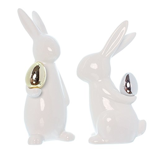 FRANK FLECHTWAREN Osterhase Classical, 2er Set, stilvolle Deko mit trendigem Metallic-Akzent, weiß bemaltes Porzellan, Höhe 20 cm, 23 cm von FRANK FLECHTWAREN