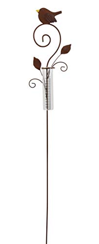FRANK FLECHTWAREN Gartenstecker Regenmesser 16x108 cm Glas Messbecher Metall Rostoptik Vogelmotiv dekorativer Regenmesser von FRANK FLECHTWAREN