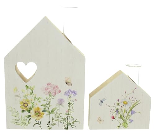 Haus mit Vase Blumenwiese, 2er Set, MDF, bemalt, Glas Maße: 10 x 9 cm, GH 10 cm, 12 x 18 cm, GH 19 cm von FRANK FLECHTWAREN